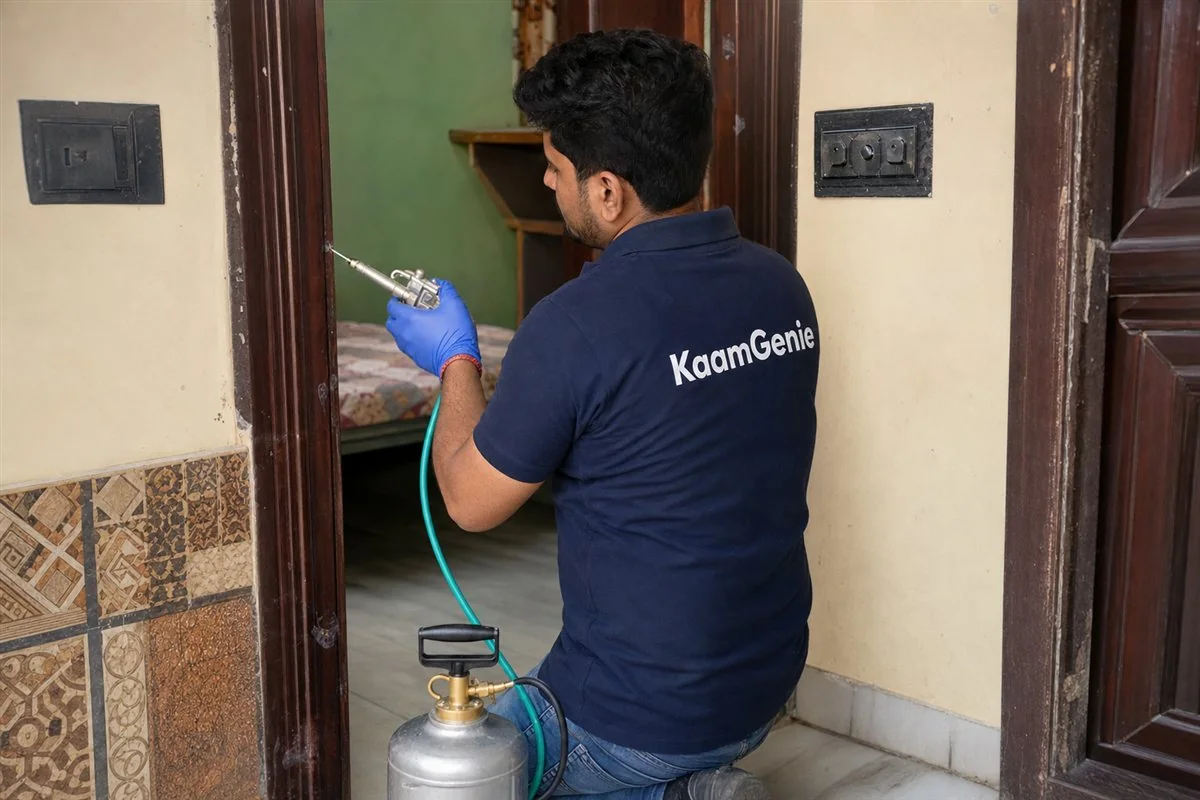 KaamGenie pest control technician treating a Seemapuri property in East Delhi