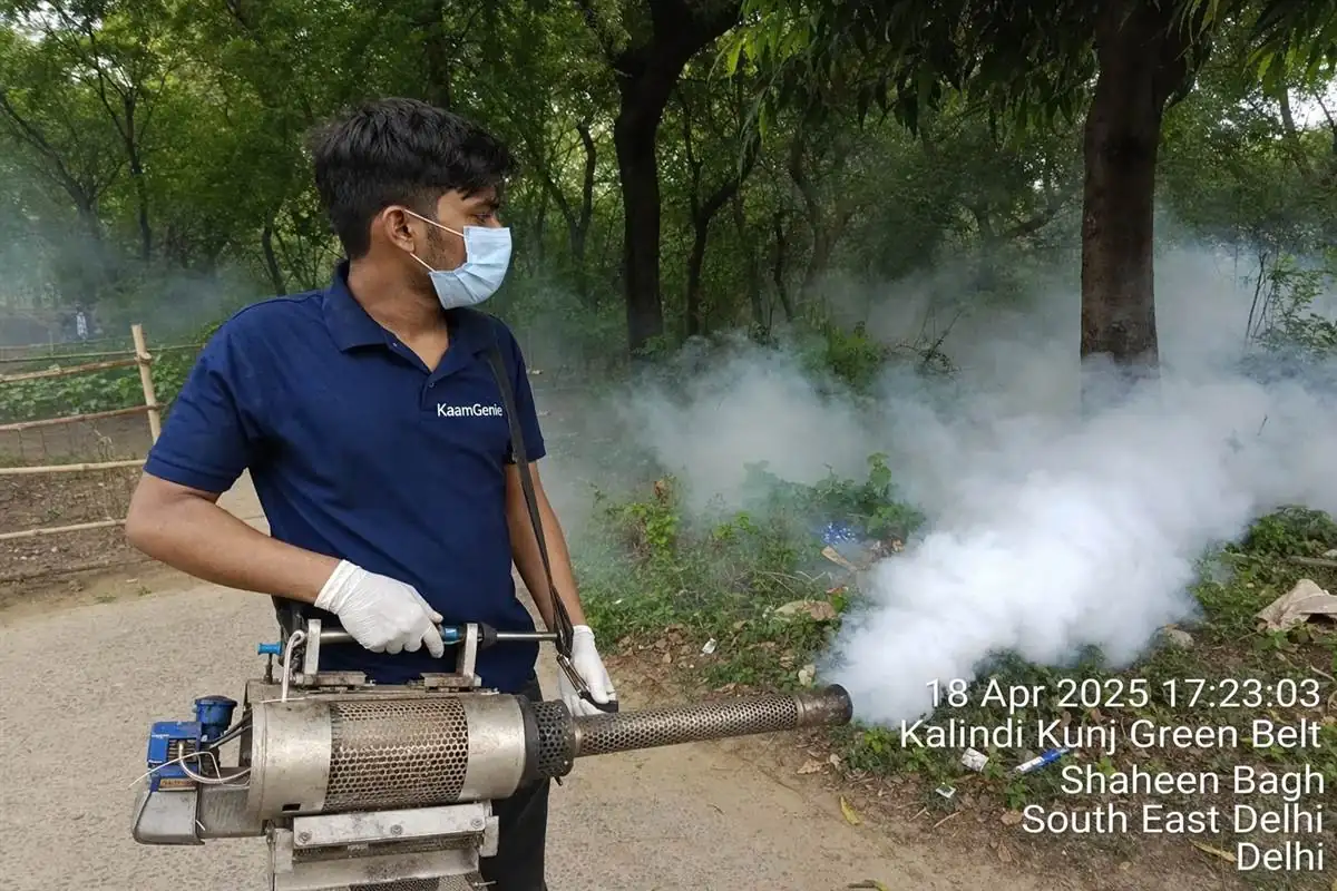 KaamGenie pest control technician fogging for mosquitoes near the Kalindi Kunj green belt in Shaheen Bagh, Okhla, South-East Delhi