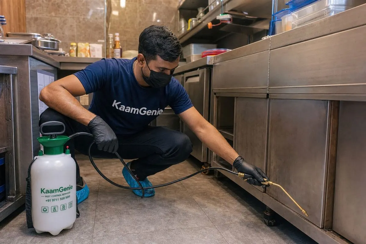KaamGenie pest control technician treating a Shakarpur property in East Delhi