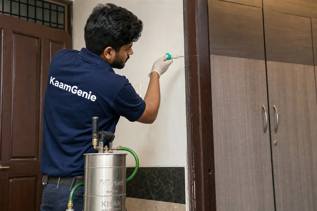KaamGenie pest control technician treating a Shakti Nagar property in North Delhi / Central Delhi