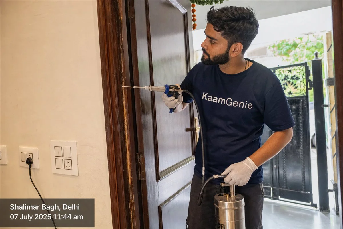 KaamGenie pest control technician treating a Shalimar Bagh property in North-West Delhi