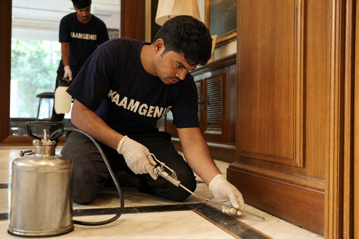 KaamGenie pest control technician treating a Shanti Niketan property in South Delhi