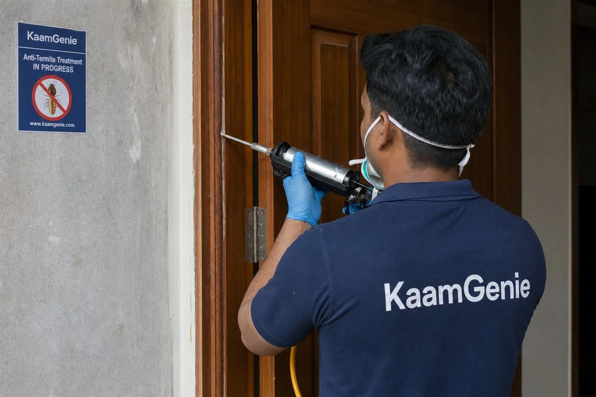 KaamGenie pest control technician treating a Shastri Nagar property in North Delhi / Central Delhi