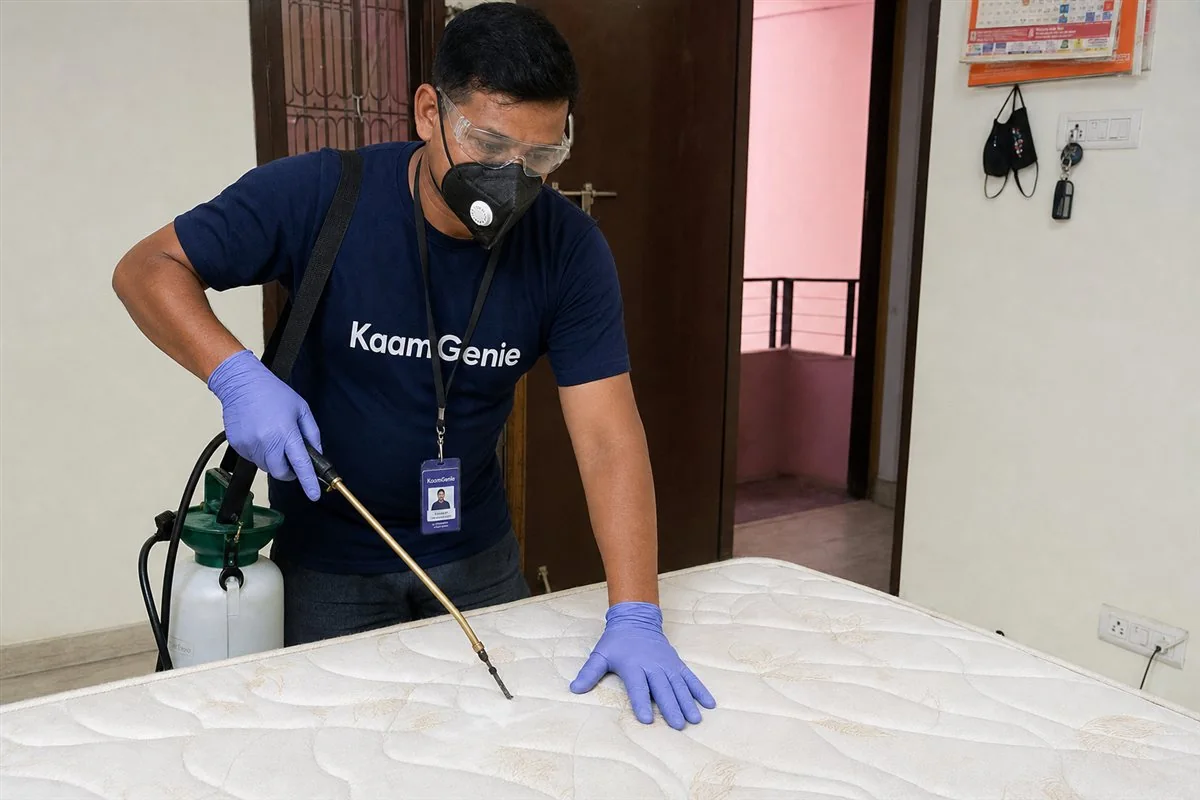 KaamGenie pest control technician treating a Shriram Colony (Rajeev Nagar) property in East Delhi