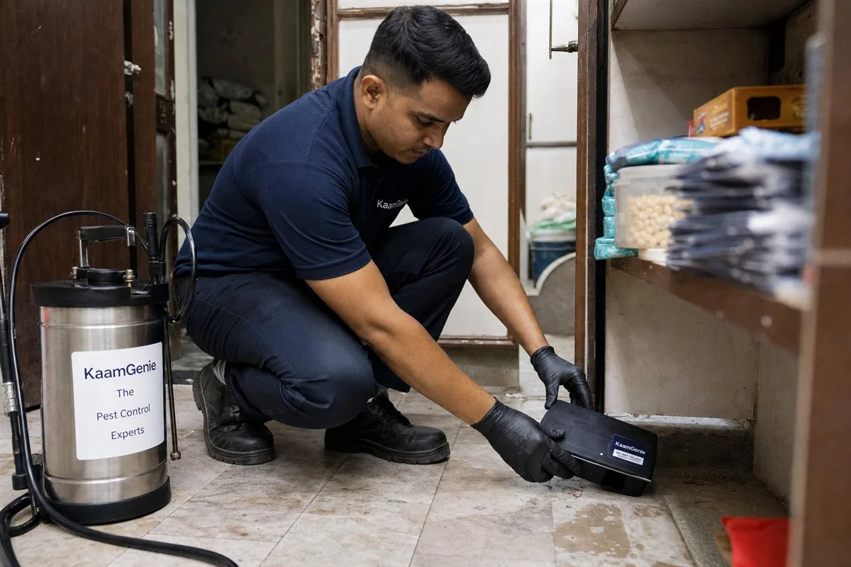 KaamGenie pest control technician treating a Sitapuri property in West Delhi