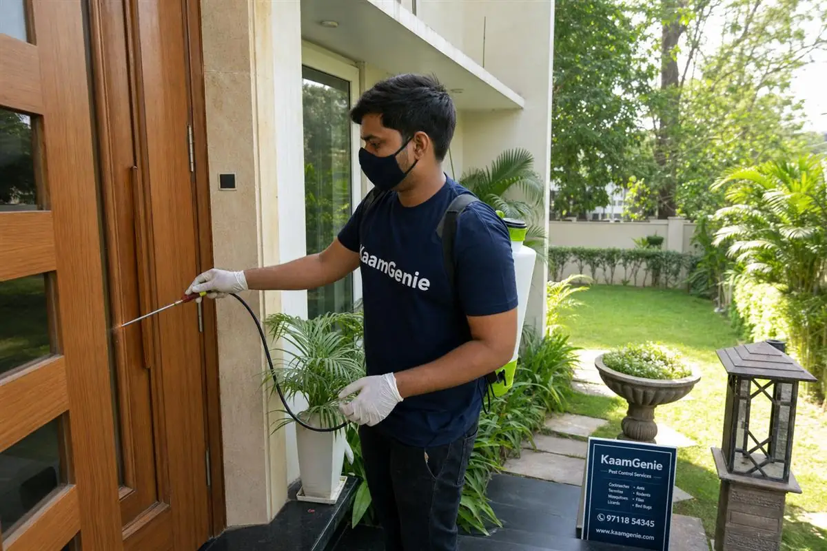 KaamGenie pest control technician treating an upscale South Delhi kothi with pet-safe equipment