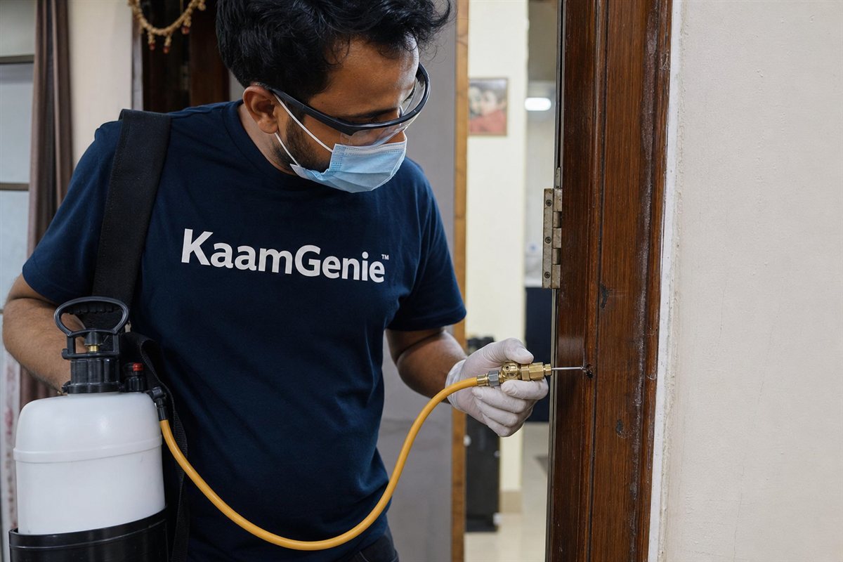 KaamGenie pest control technician treating a South Extension property in South Delhi