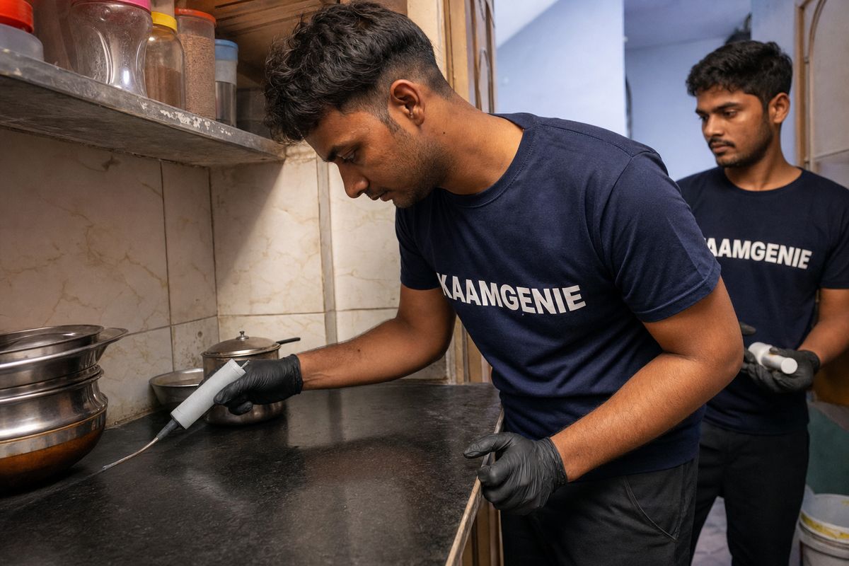 KaamGenie pest control technician treating a Sukhdev Vihar property in South Delhi