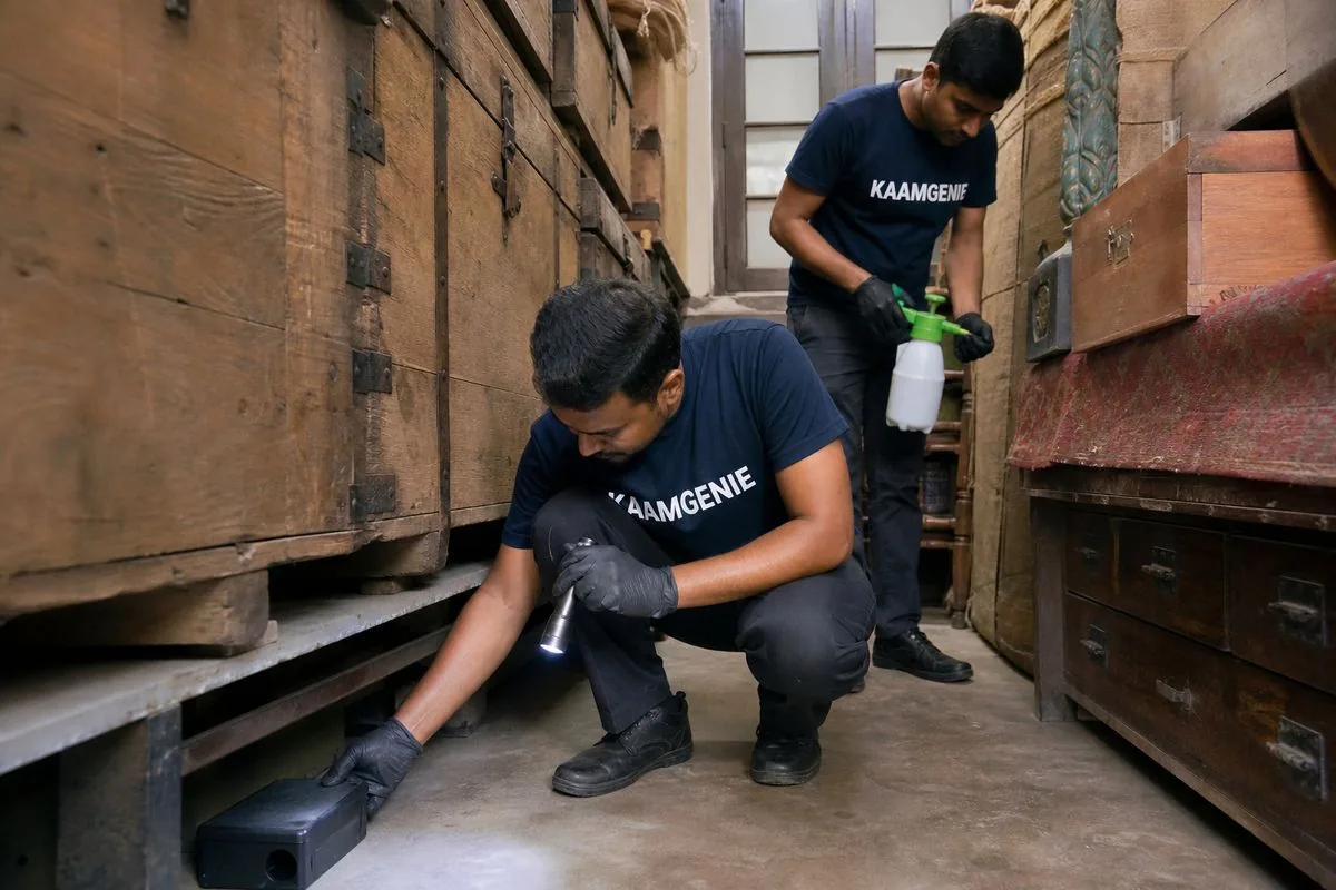 KaamGenie pest control technician treating a Sundar Nagar property in Central Delhi