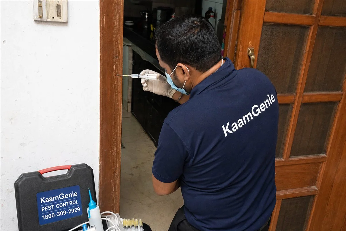 KaamGenie pest control technician treating a Sunder Nagari property in East Delhi