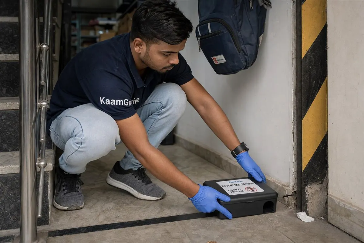 KaamGenie pest control technician treating a Surajmal Vihar property in East Delhi
