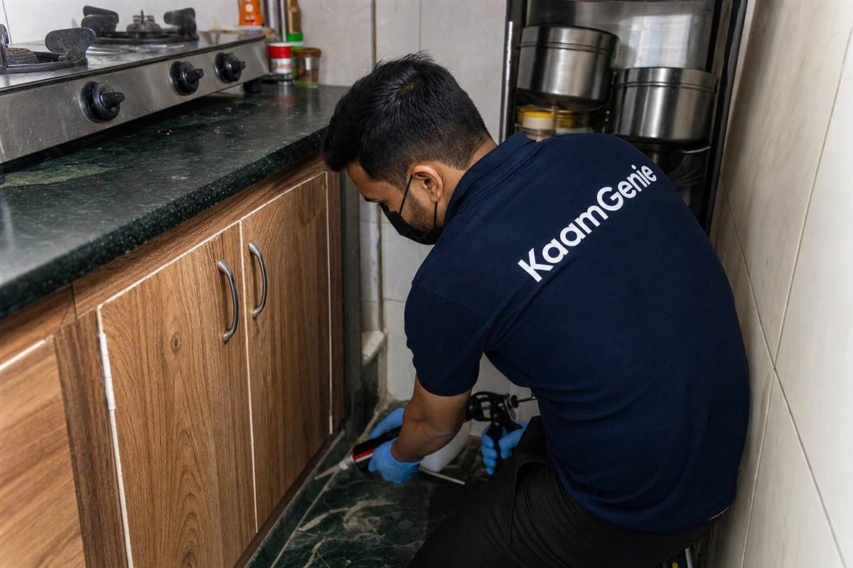 KaamGenie pest control technician treating a dense flat in Tehkhand near Okhla, South-East Delhi