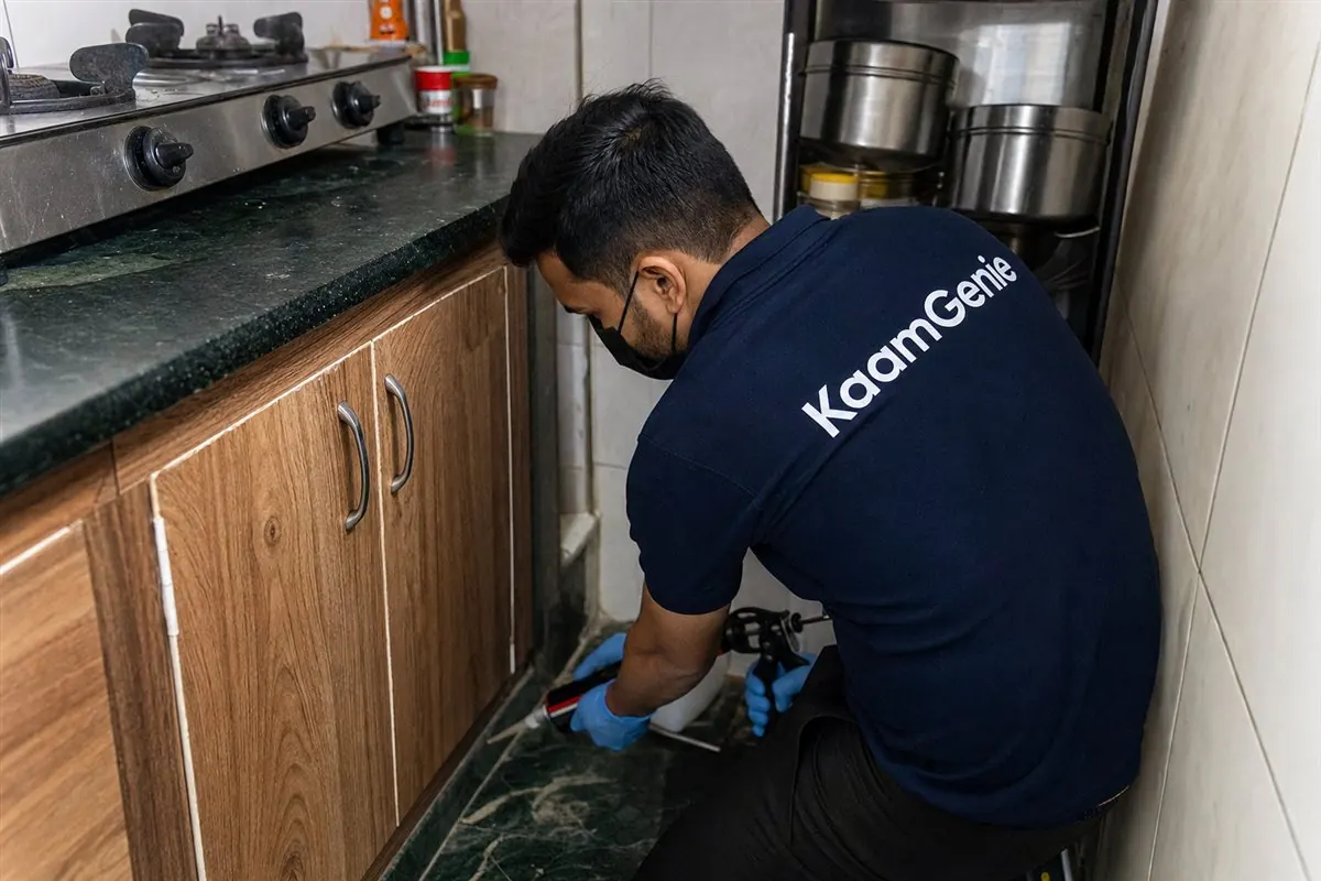 KaamGenie pest control technician treating a dense flat in Tehkhand near Okhla, South-East Delhi