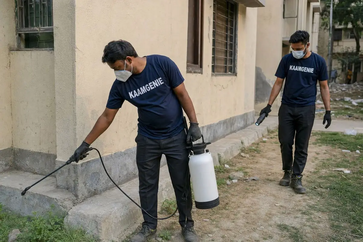 KaamGenie pest control technician treating a Tigri property in South Delhi