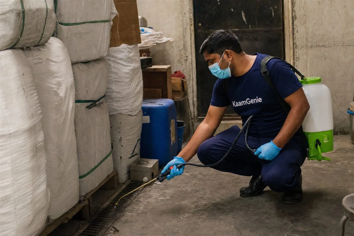 KaamGenie pest control technician treating a Tikri Kalan property in West Delhi