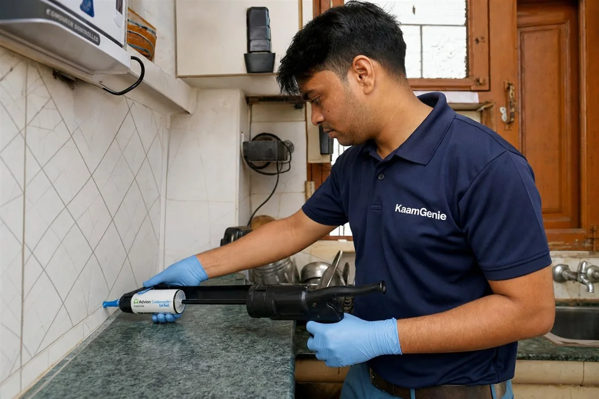 KaamGenie pest control technician treating a Timarpur property in North Delhi / Central Delhi