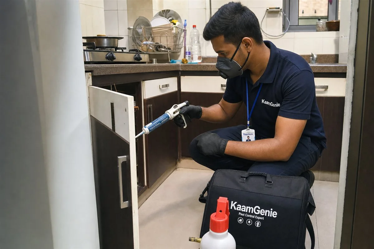 KaamGenie pest control technician treating a Uttam Nagar property in West Delhi