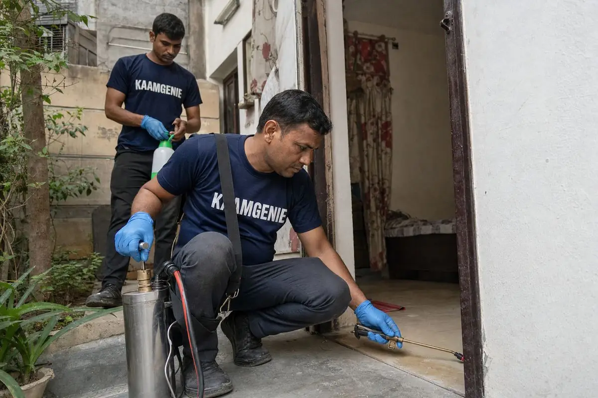 KaamGenie pest control technician treating a Vasant Gaon property in South Delhi
