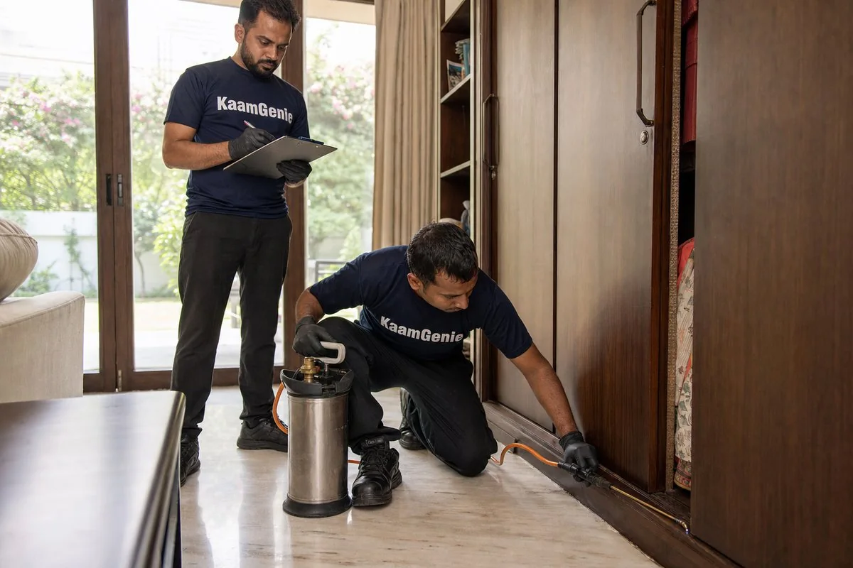 KaamGenie pest control technician treating a Vasant Vihar property in South Delhi