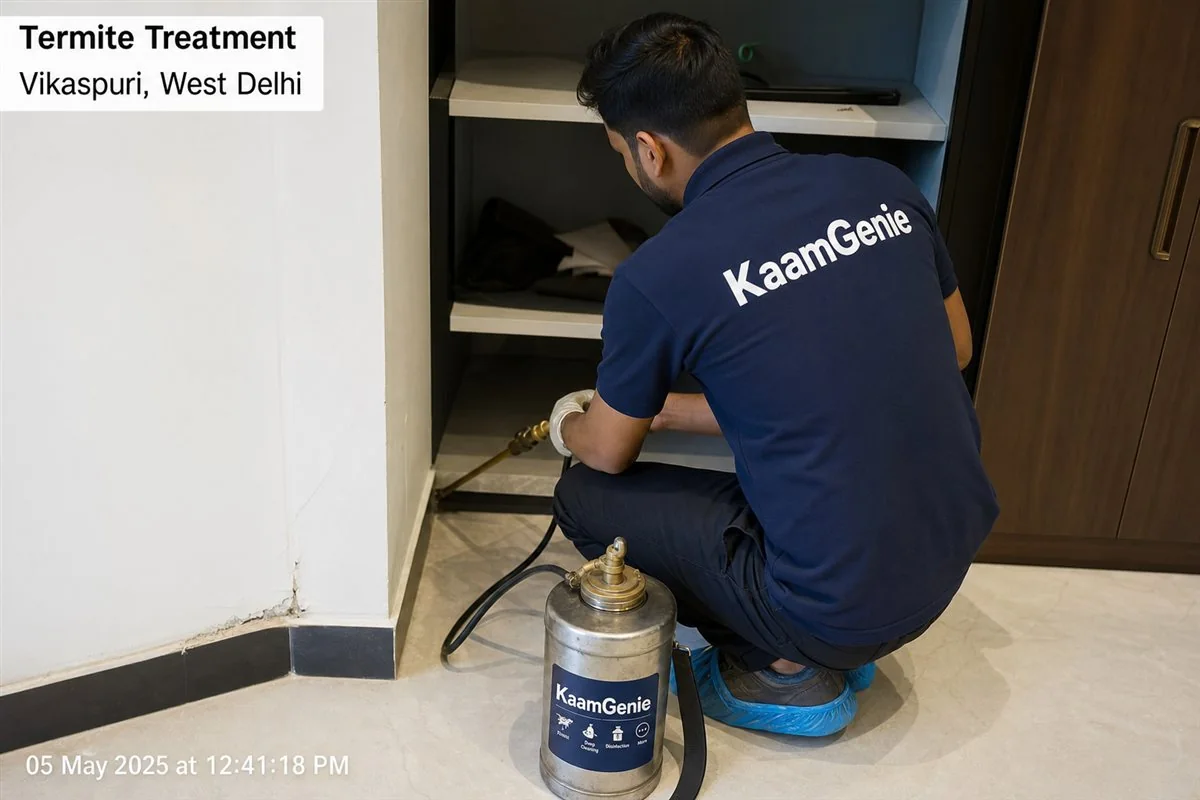 KaamGenie pest control technician treating a Vikaspuri property in West Delhi