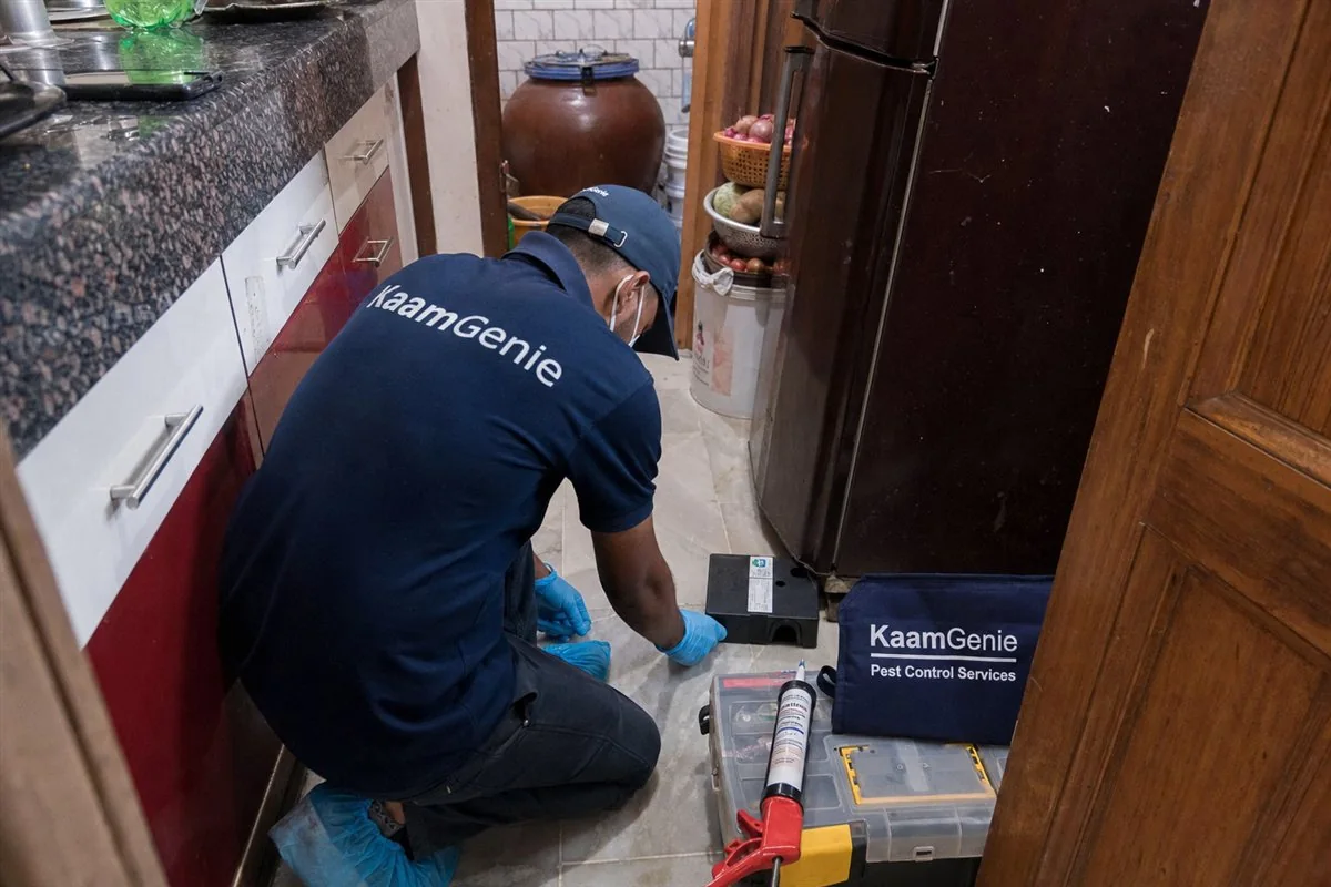 KaamGenie pest control technician treating a Vishnu Garden property in West Delhi