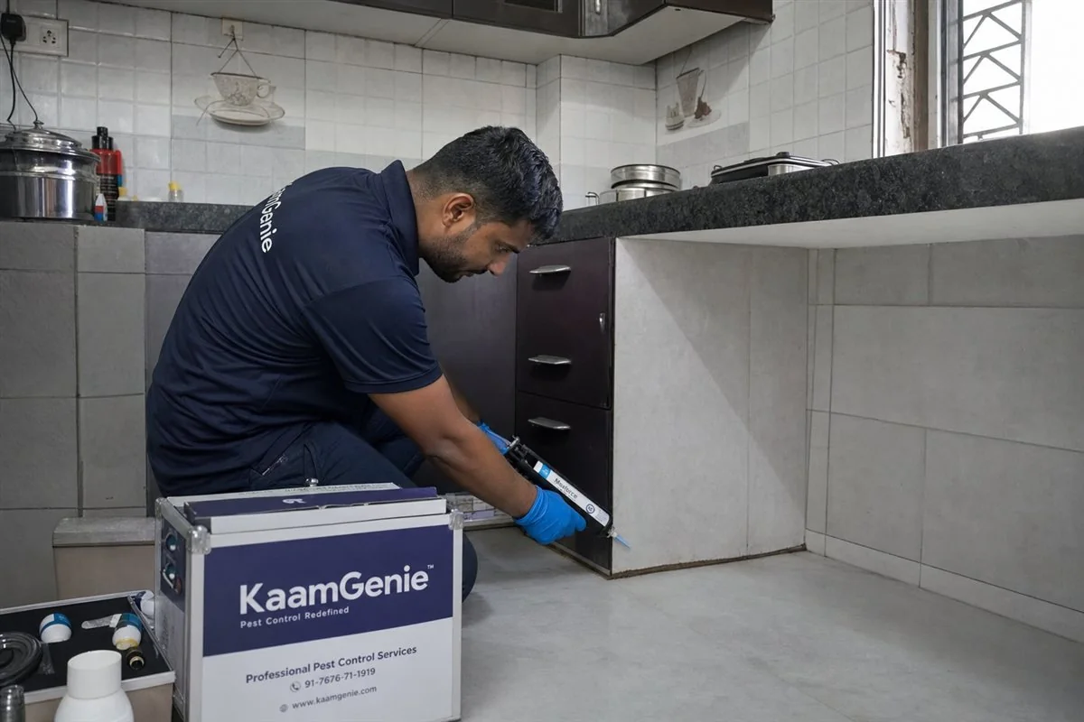 KaamGenie pest control technician treating a Vivek Vihar property in East Delhi