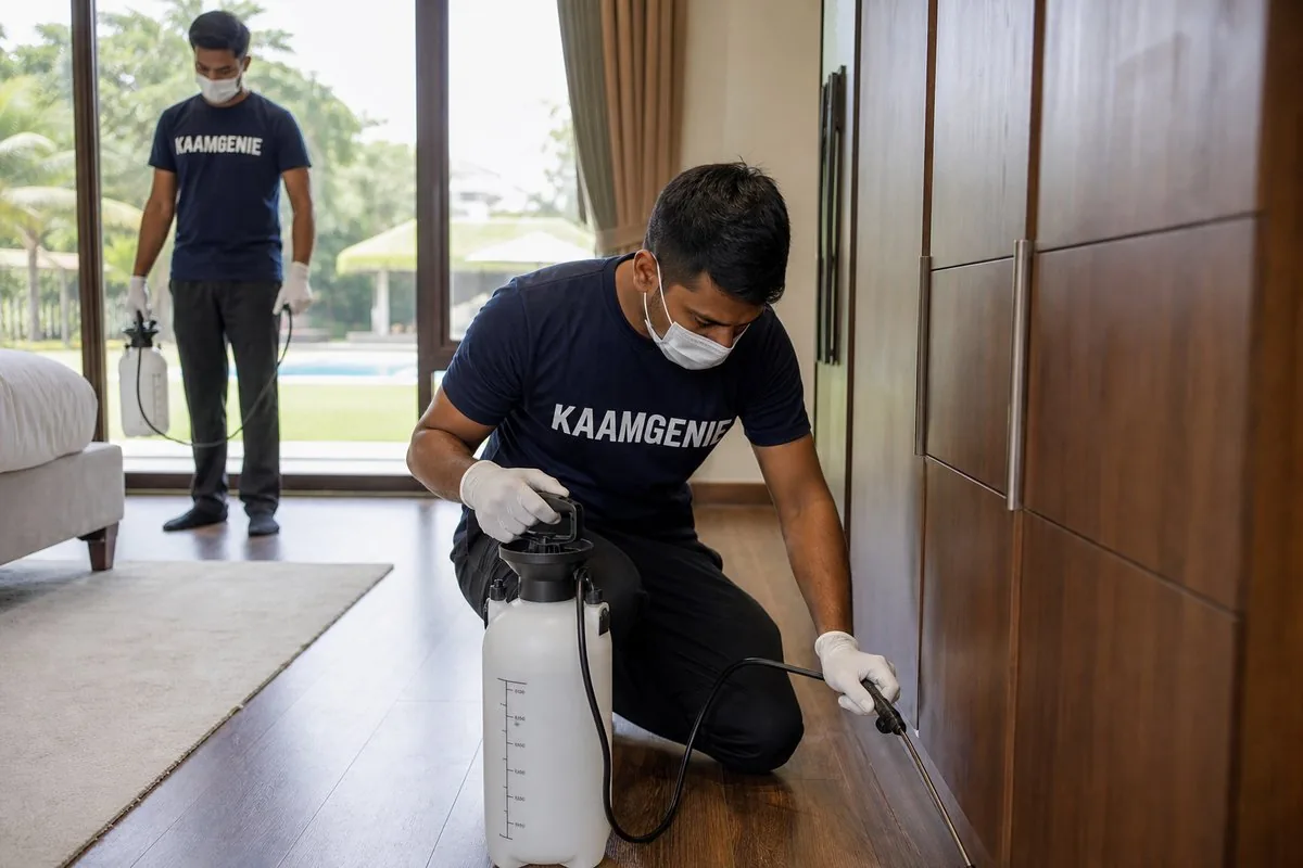 KaamGenie pest control technician treating a Westend Greens property in South Delhi