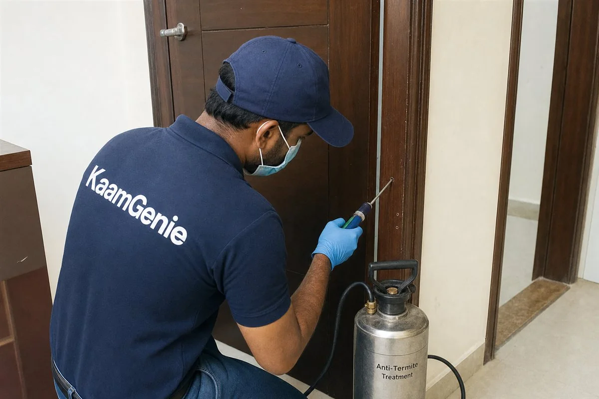 KaamGenie pest control technician treating a Yamuna Vihar property in East Delhi