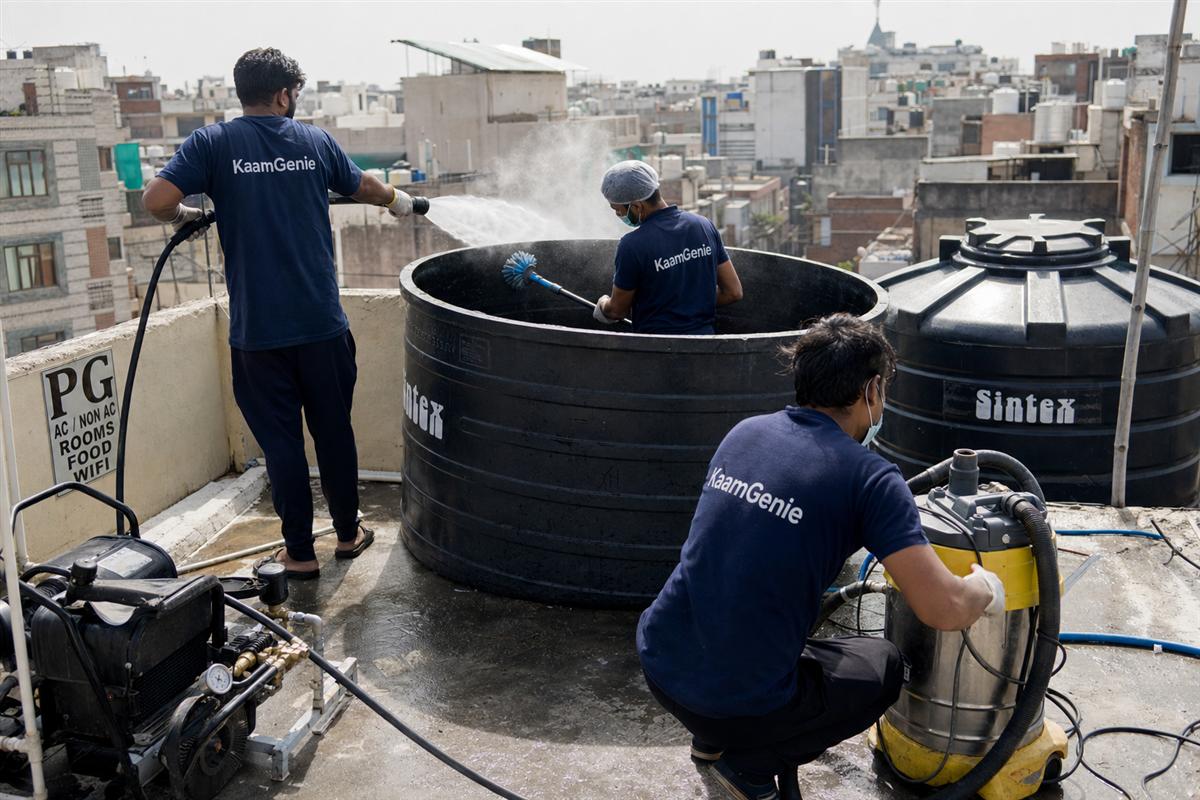 KaamGenie crew cleaning a rooftop water tank at a busy paying-guest accommodation in a Delhi residential colony