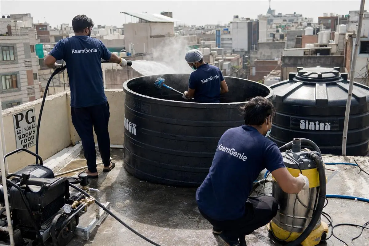 KaamGenie crew cleaning a rooftop water tank at a busy paying-guest accommodation in a Delhi residential colony