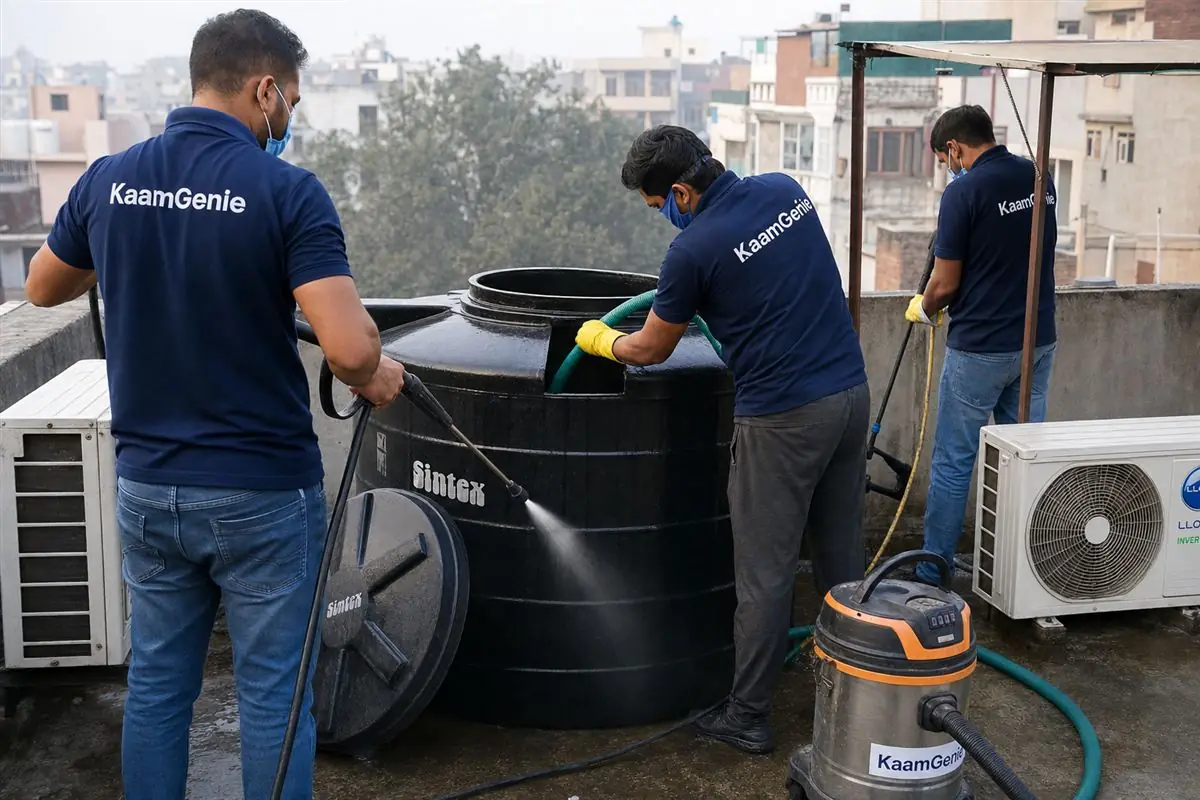 KaamGenie crew cleaning a large rooftop water tank at a Delhi PG accommodation building