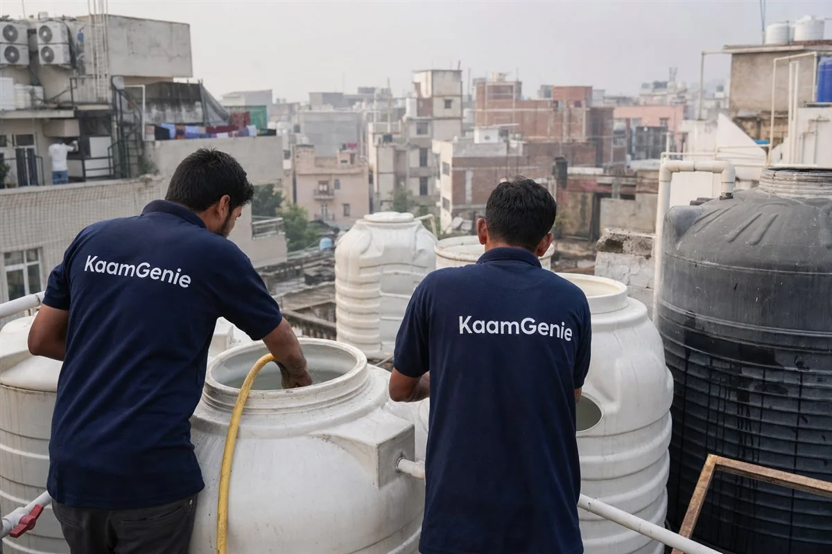 KaamGenie crew in navy shirts cleaning rooftop water tanks on a dense PG and co-living building in a Delhi student belt