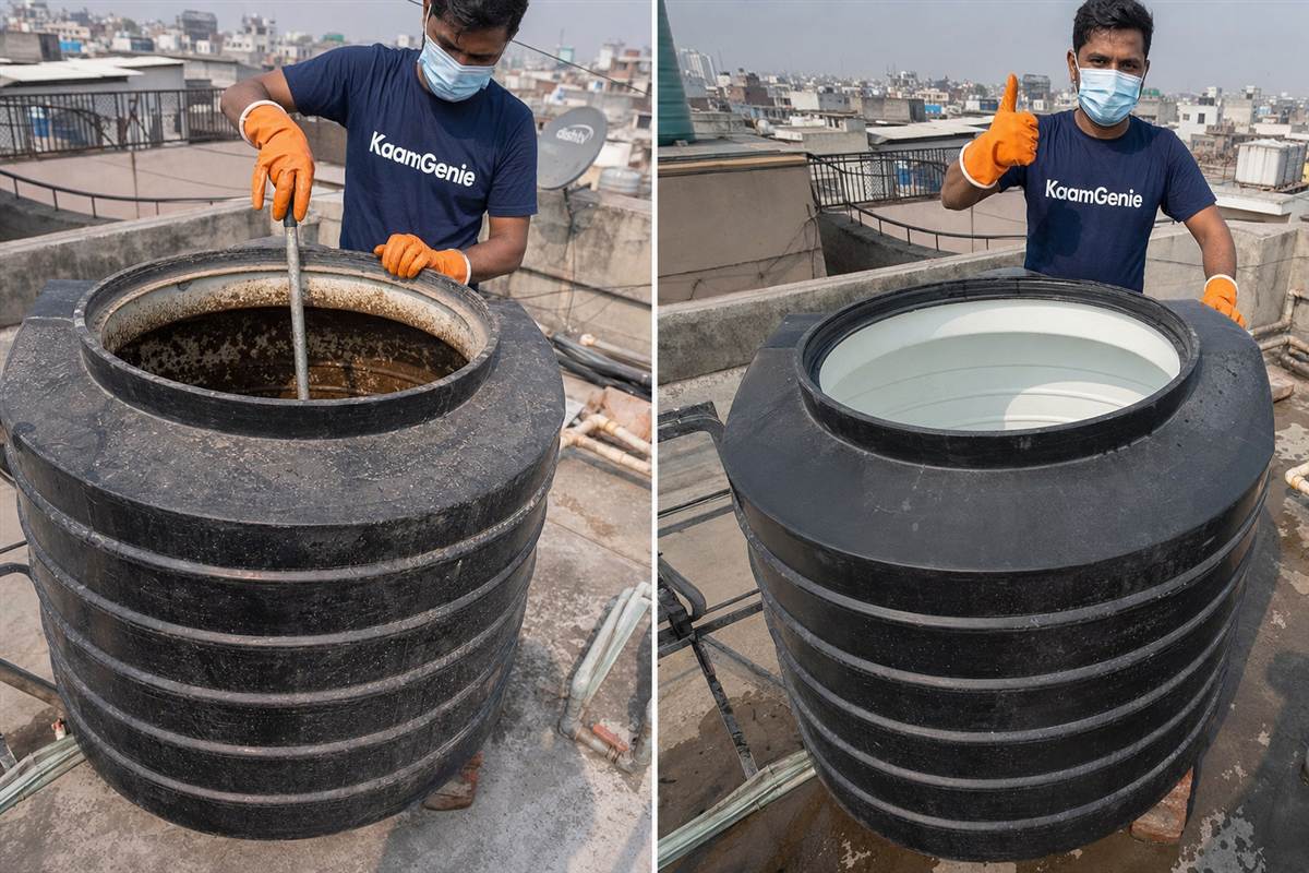 Before-and-after comparison of a Delhi PG water tank — a dirty tank with sludge beside a clean disinfected tank