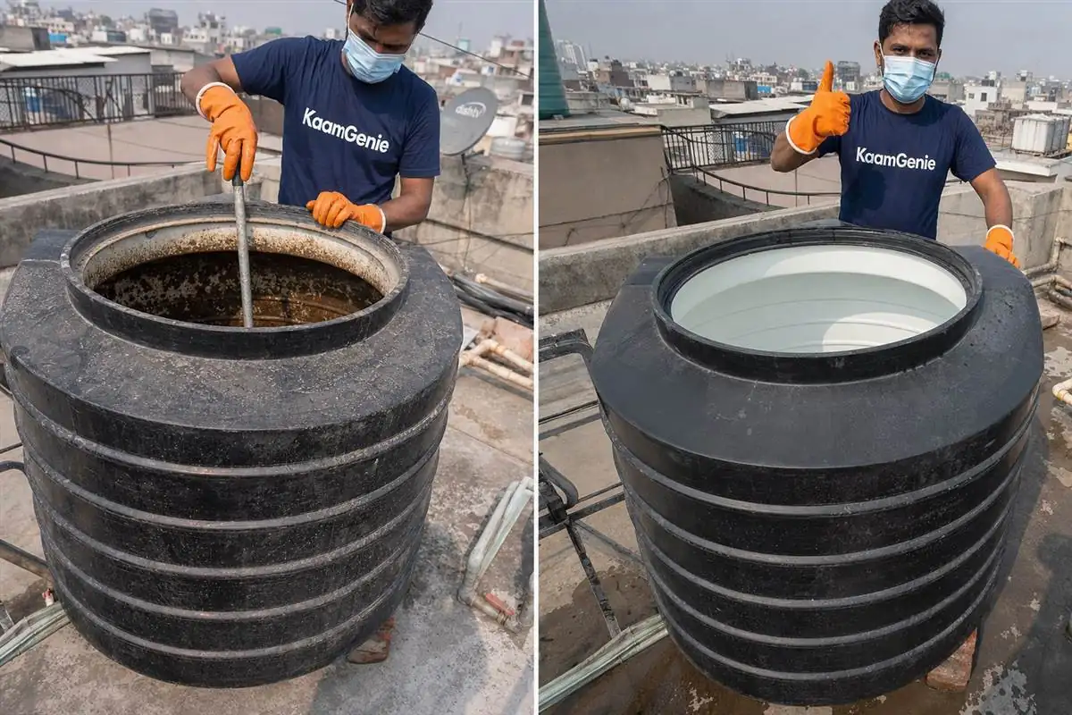 Before-and-after comparison of a Delhi PG water tank — a dirty tank with sludge beside a clean disinfected tank