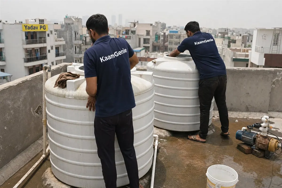 KaamGenie crew in navy shirts cleaning rooftop water tanks on a dense PG and co-living building in Gurgaon