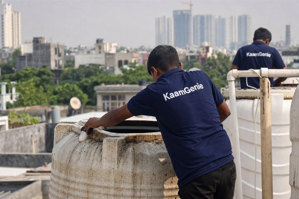 KaamGenie crew member in a navy shirt scrubbing the inside of a heavily used overhead water tank at a Gurgaon PG