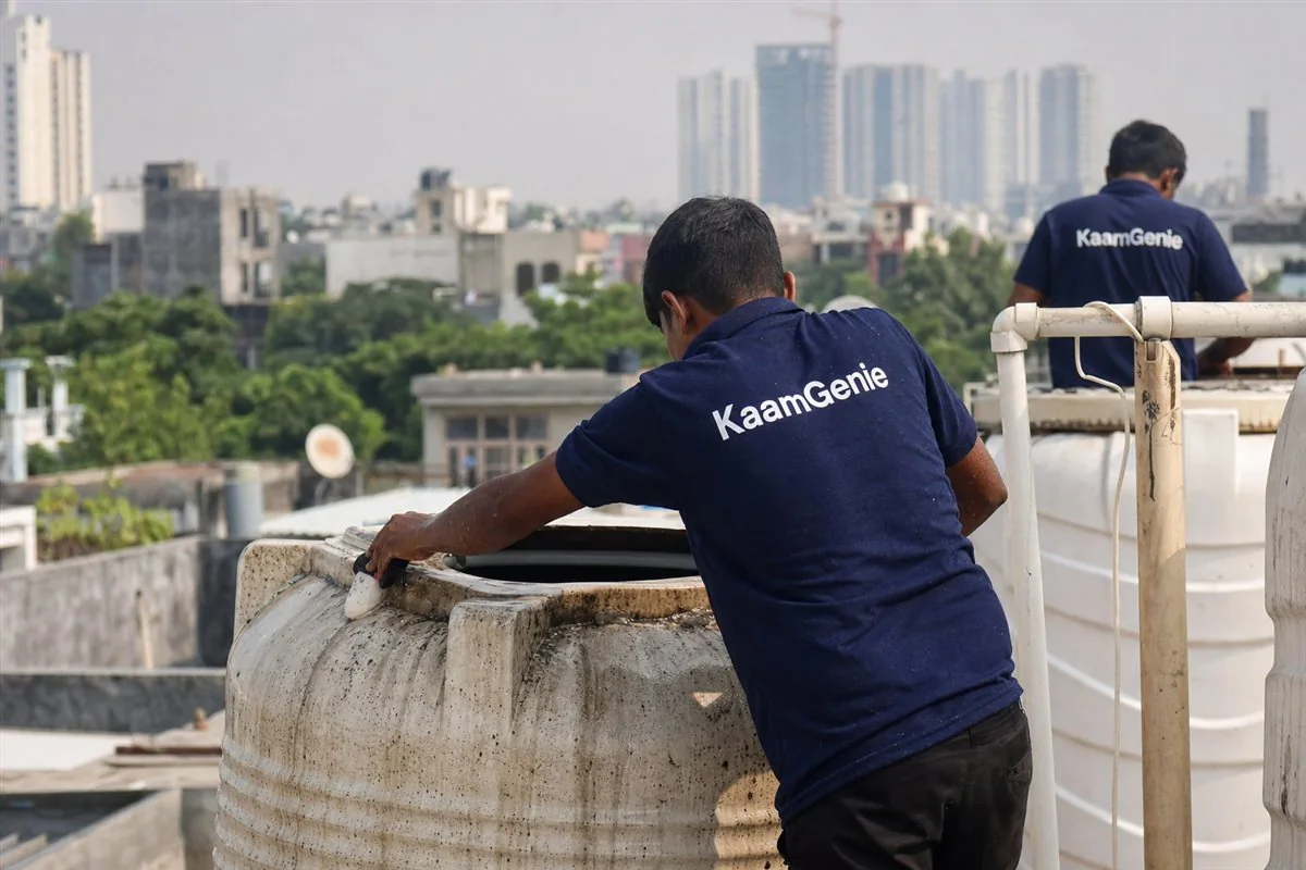 KaamGenie crew member in a navy shirt scrubbing the inside of a heavily used overhead water tank at a Gurgaon PG