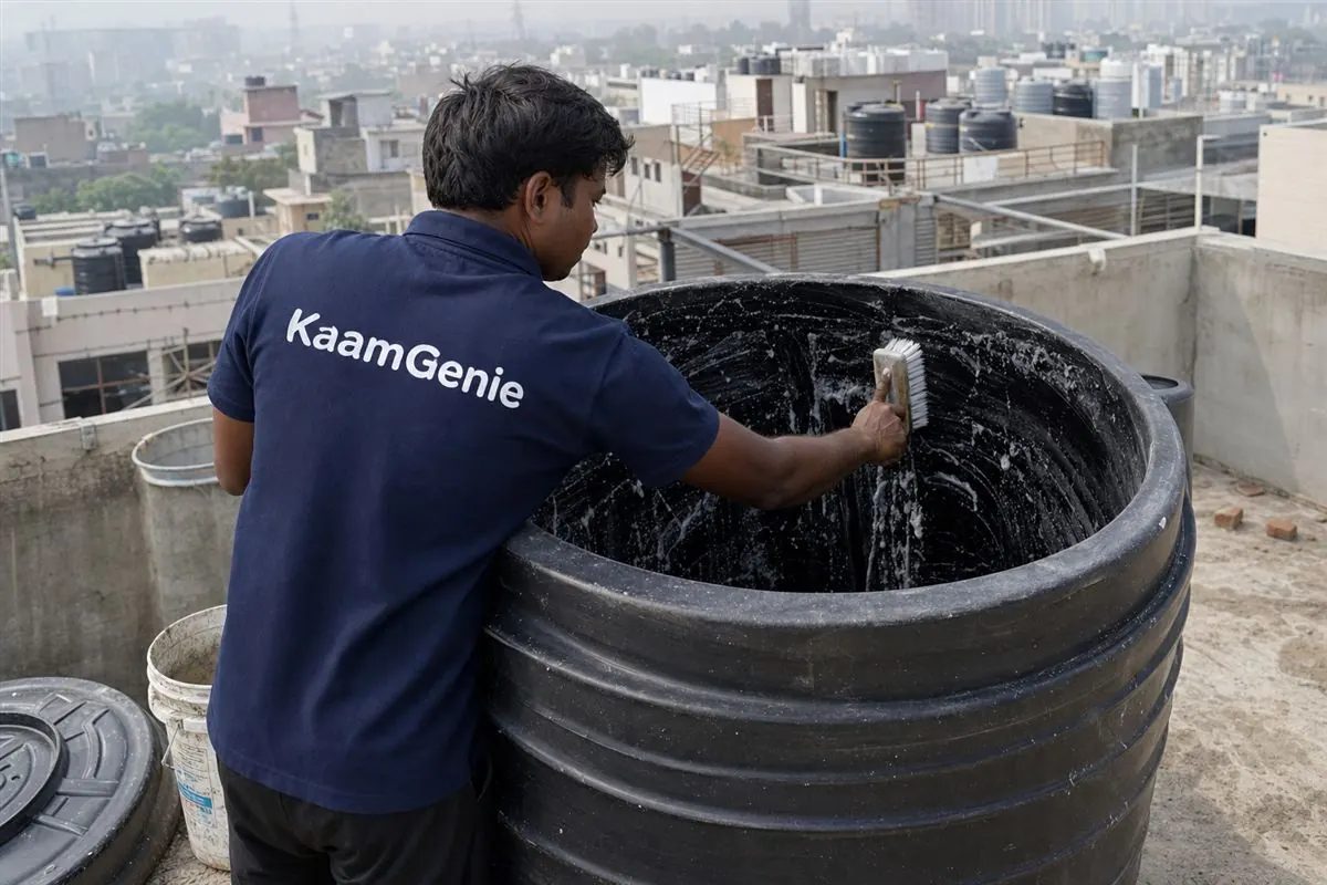 A KaamGenie worker in a navy shirt scrubbing the inside of a heavily used overhead PG water tank in Noida