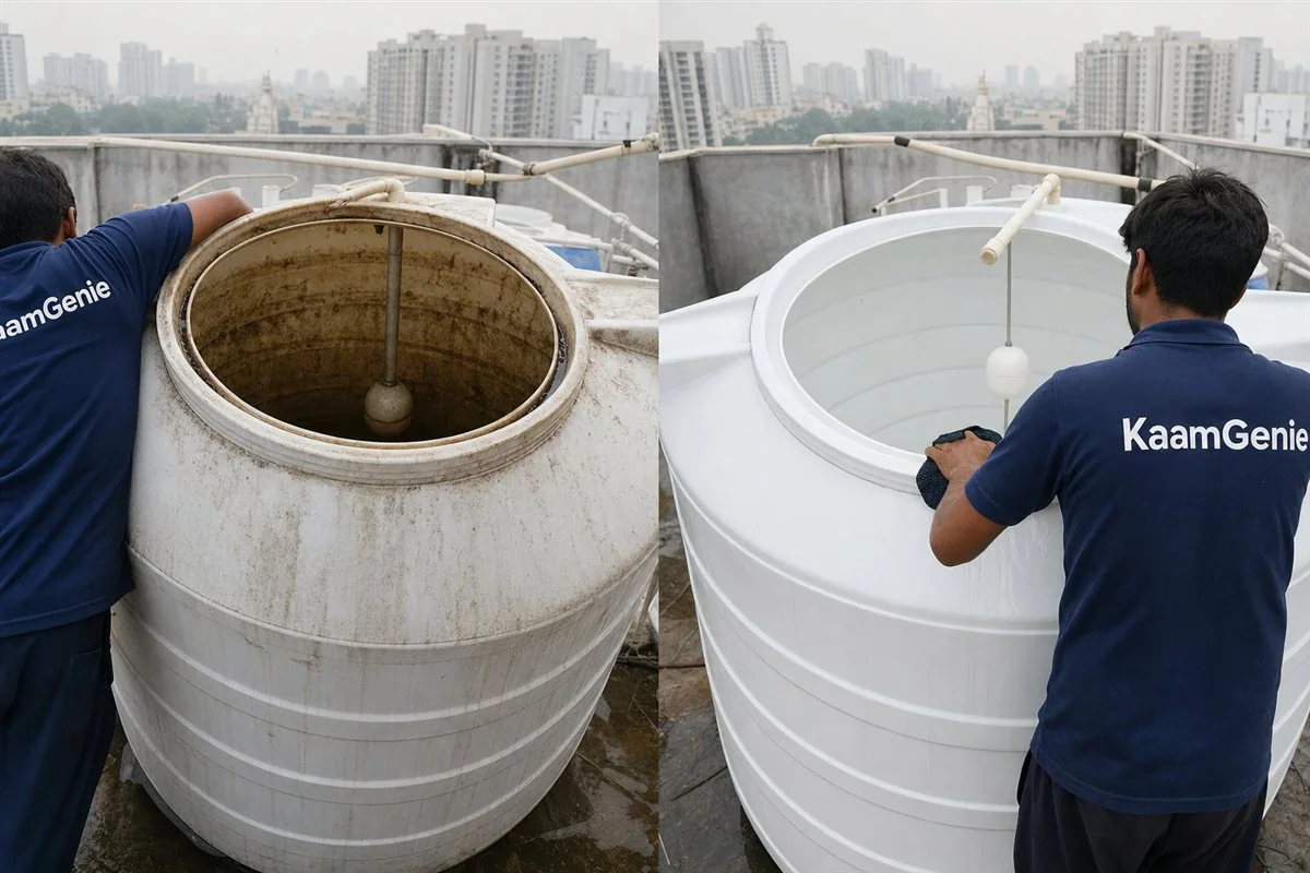 Before-and-after comparison of a dirty PG water tank and the same tank cleaned, side by side, in Noida