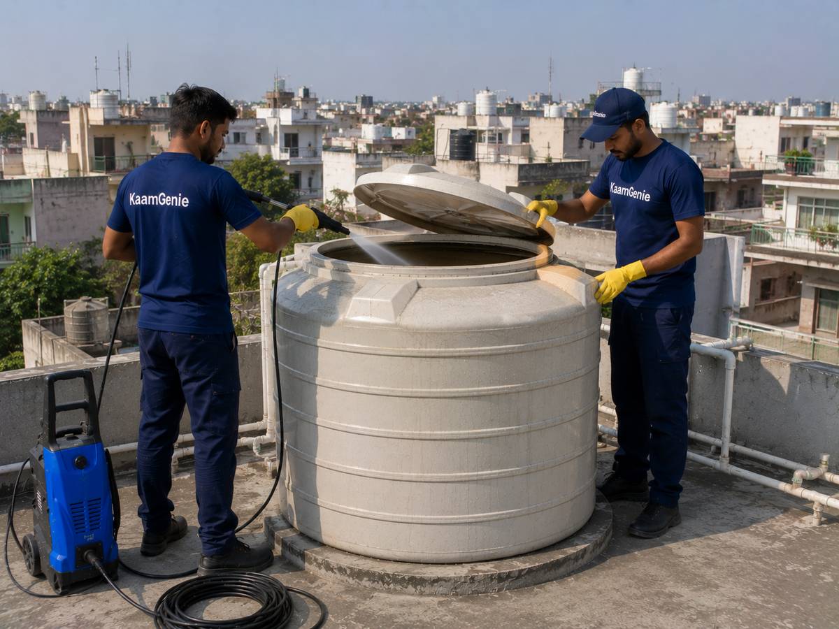 KaamGenie crew cleaning a water tank in Pitampura, North-West Delhi