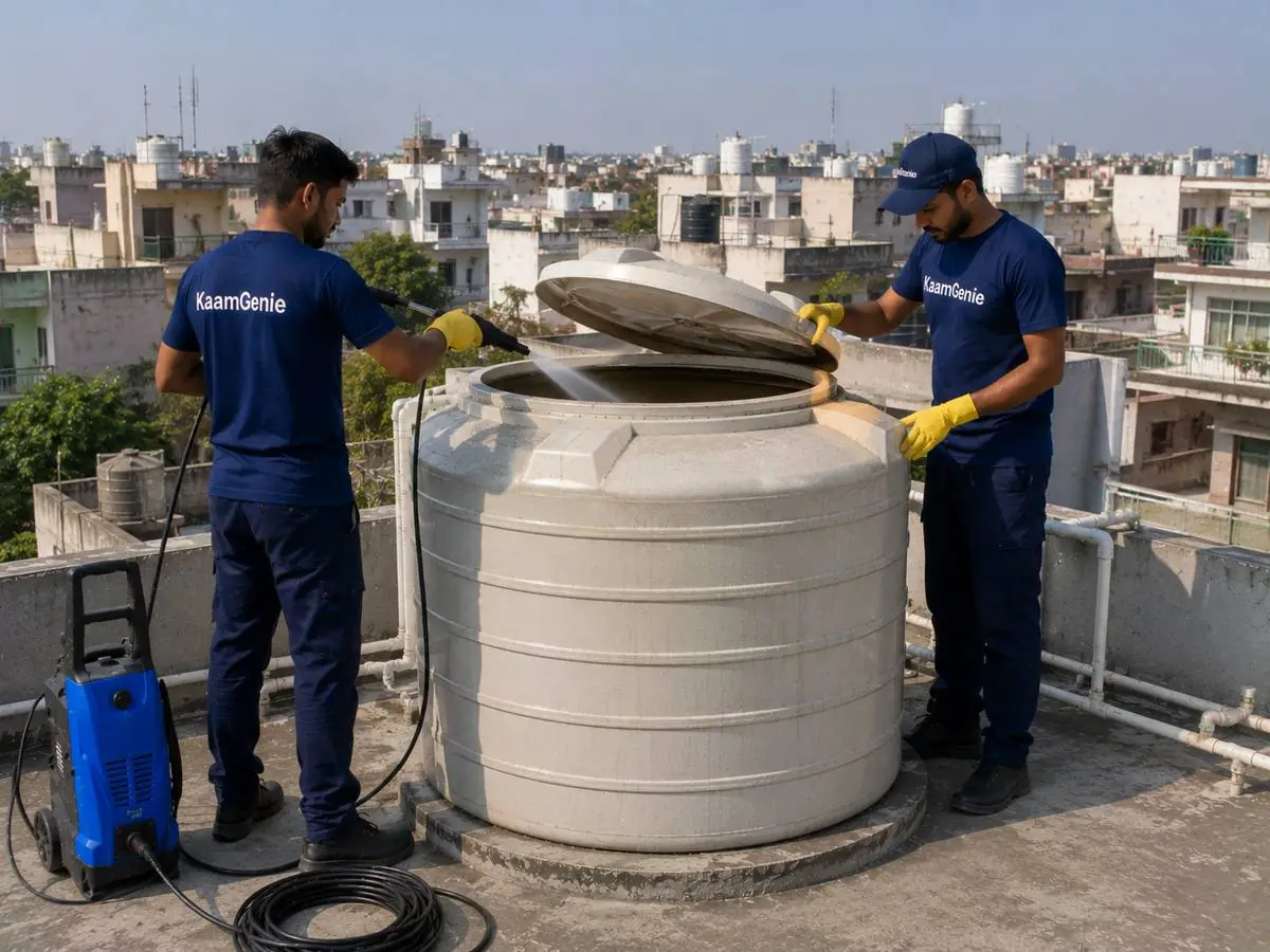 KaamGenie crew cleaning a water tank in Pitampura, North-West Delhi