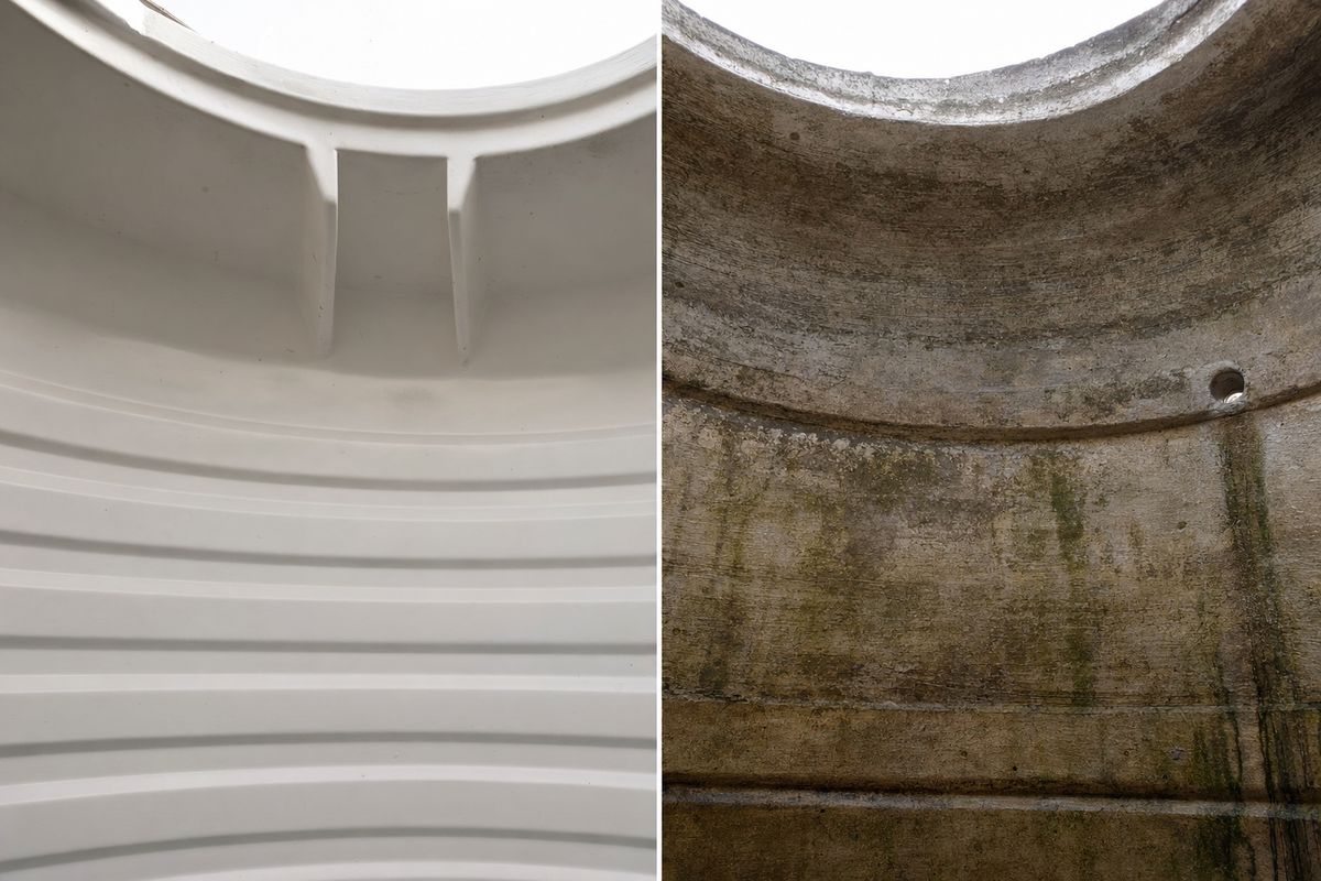 Side-by-side cross-section showing the smooth interior of a plastic water tank vs the porous textured interior of a concrete RCC water tank