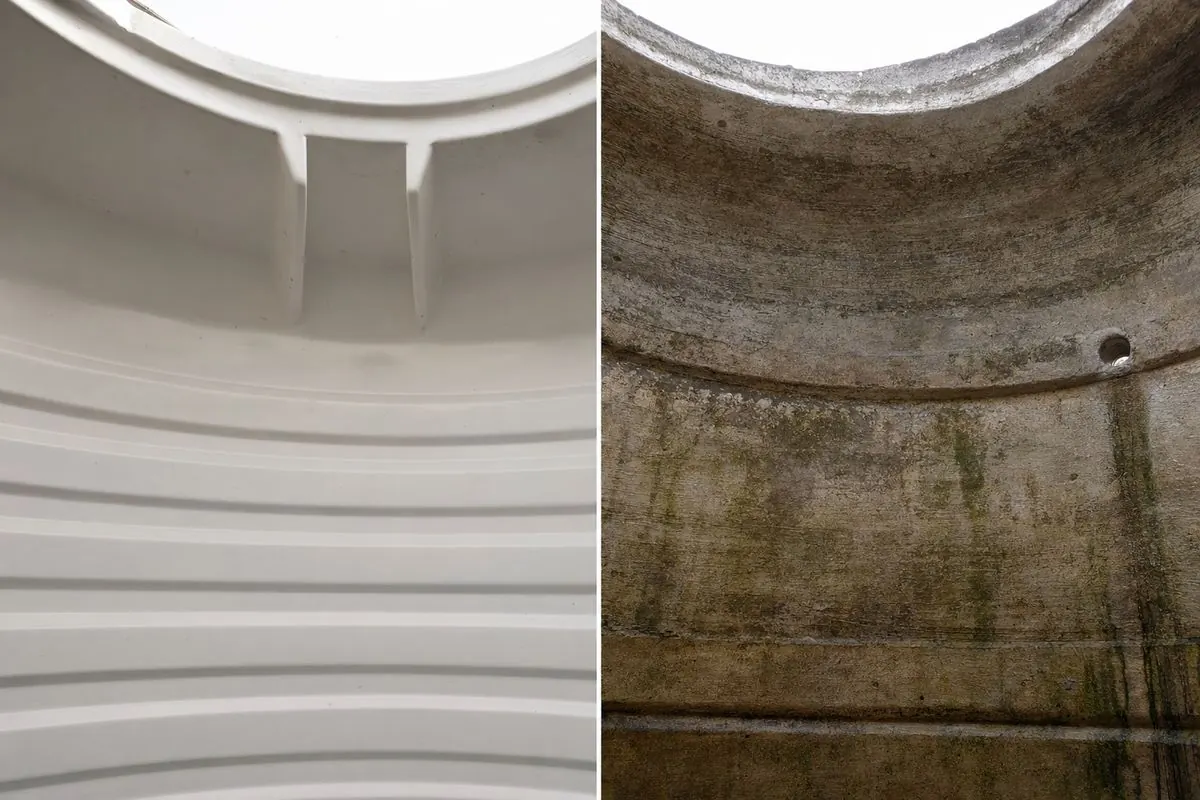 Side-by-side cross-section showing the smooth interior of a plastic water tank vs the porous textured interior of a concrete RCC water tank