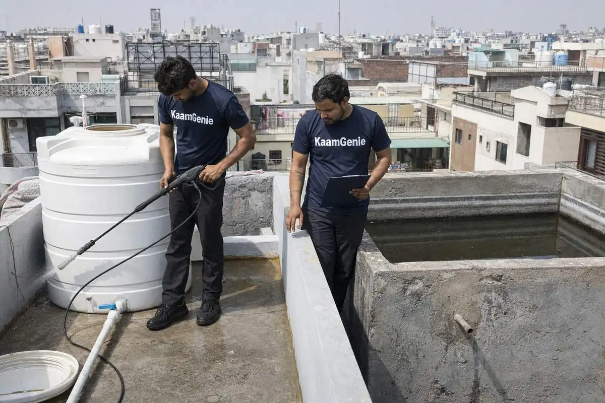 Side-by-side Delhi rooftop showing a plastic overhead water tank and a concrete RCC water tank for material comparison