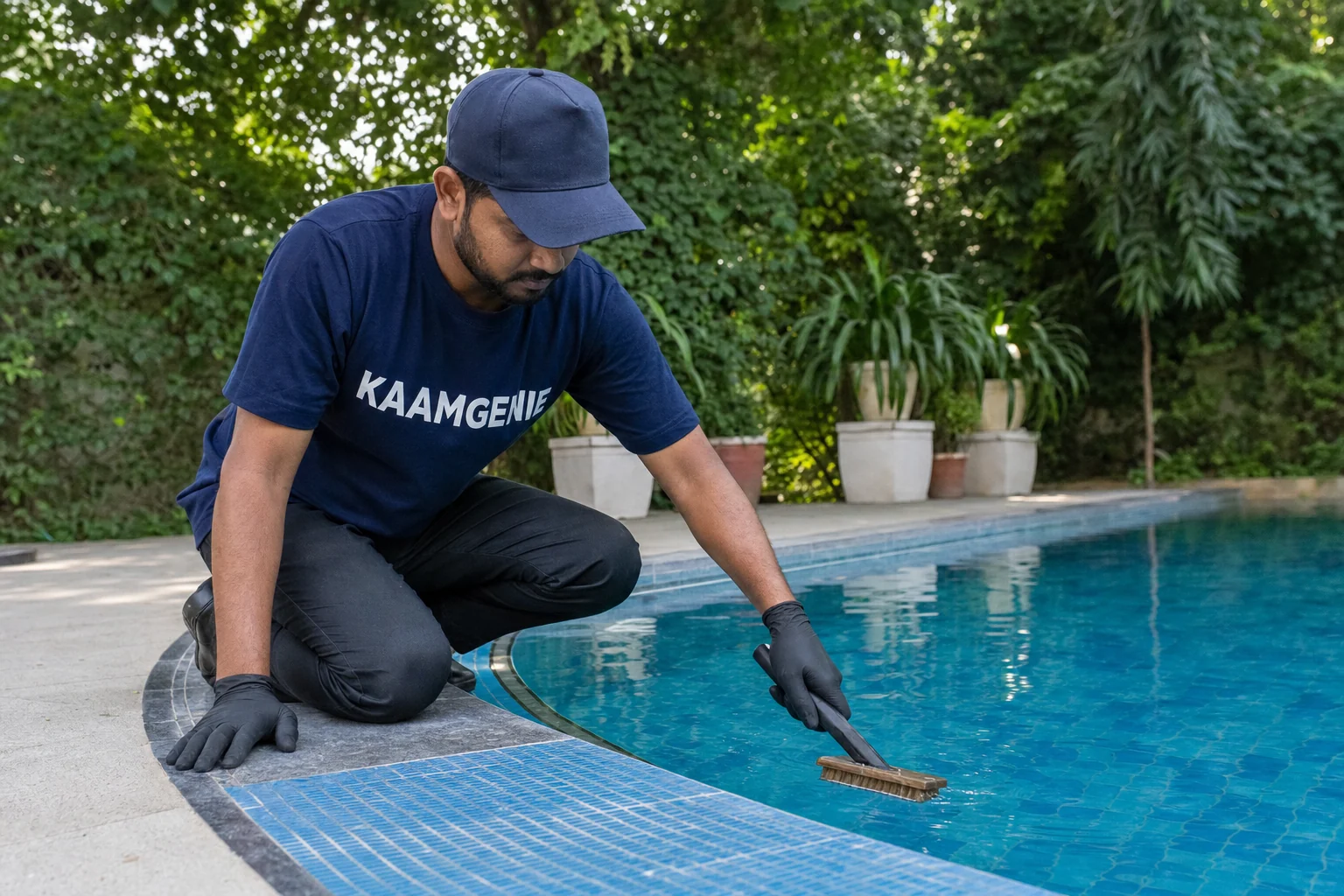KaamGenie crew cleaning a private swimming pool at a South Delhi farmhouse