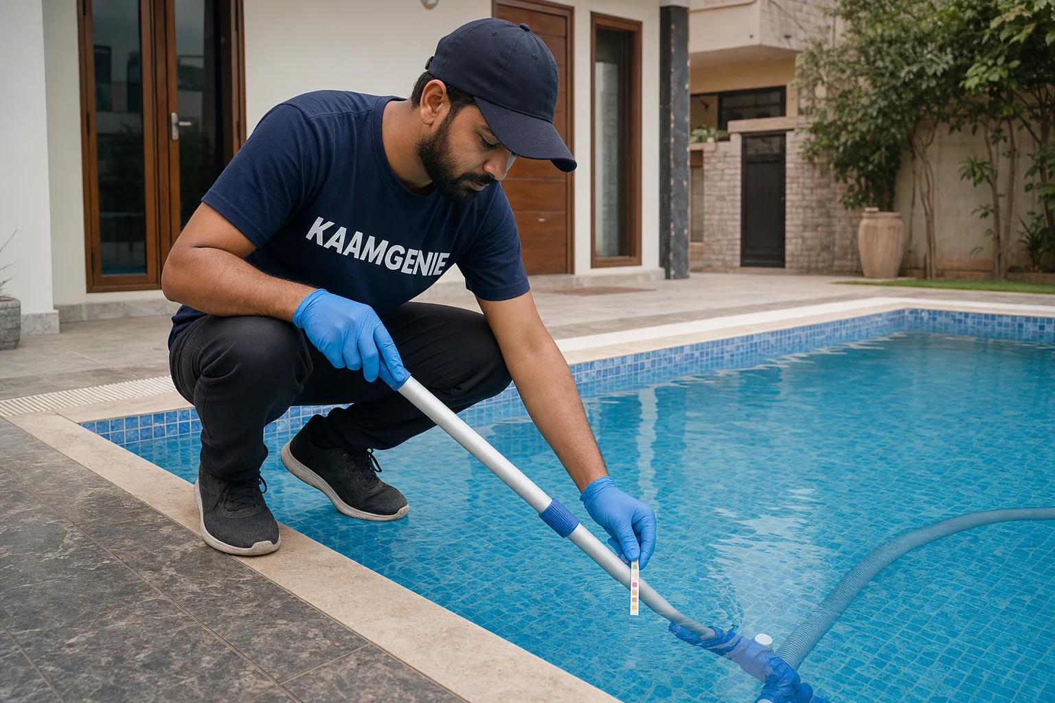 KaamGenie crew cleaning a society clubhouse pool in Greater Faridabad