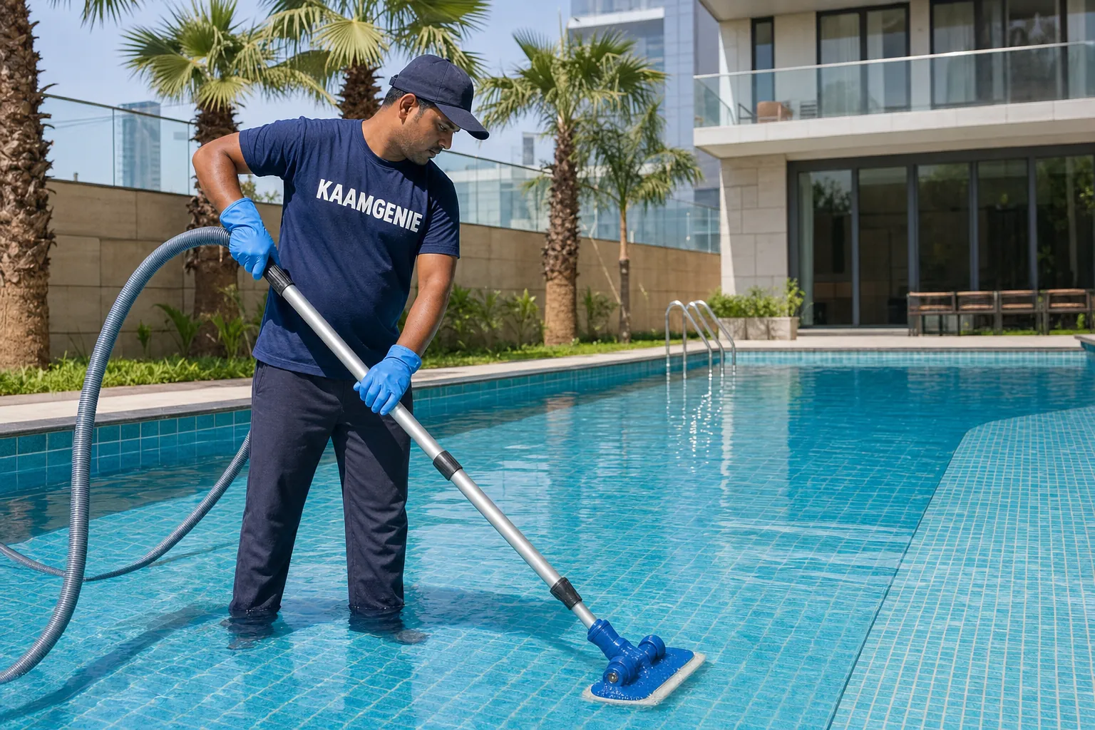 KaamGenie crew cleaning a swimming pool at a Gurgaon condominium clubhouse