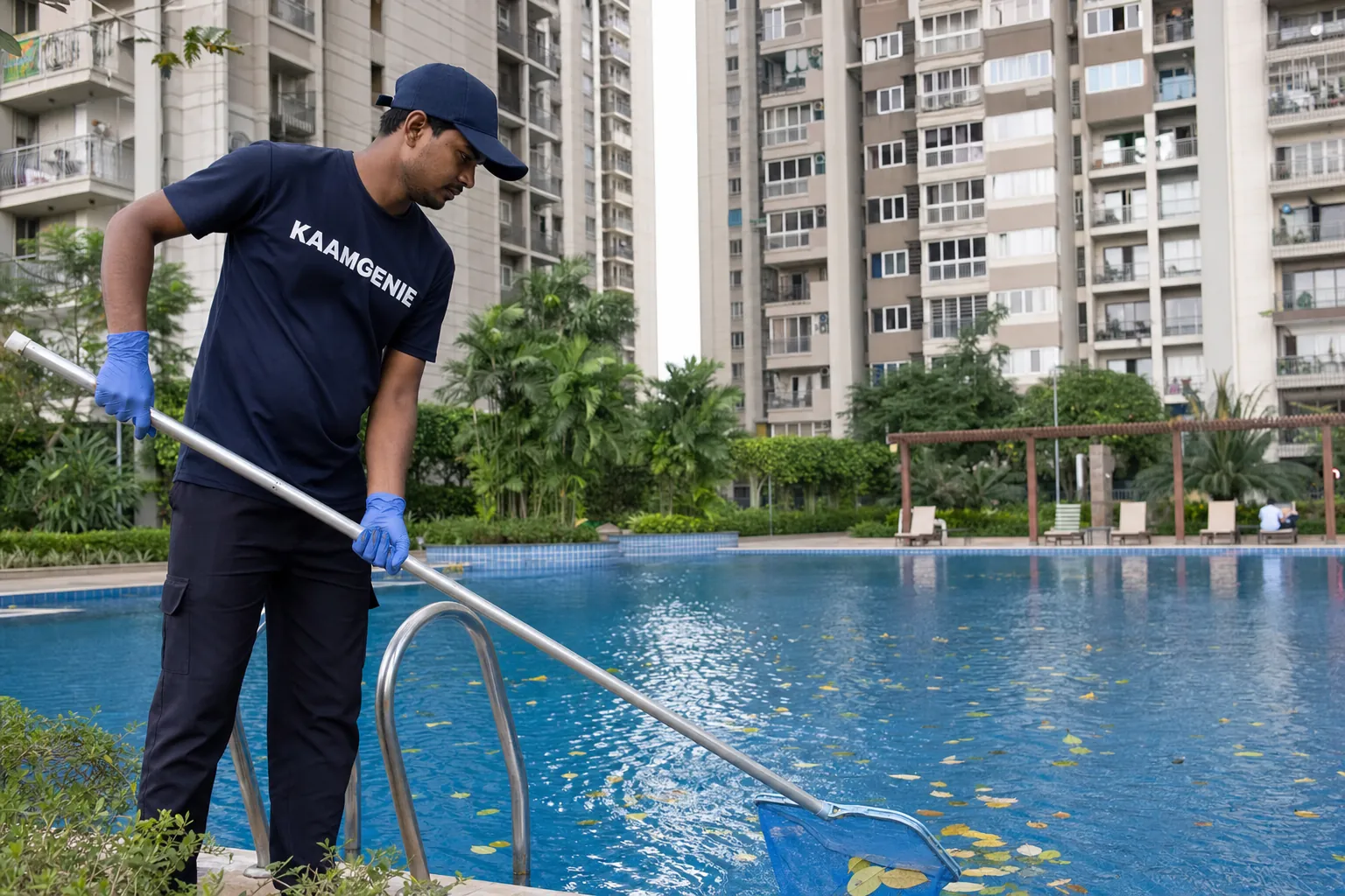 KaamGenie crew cleaning a high-rise society clubhouse pool in Noida