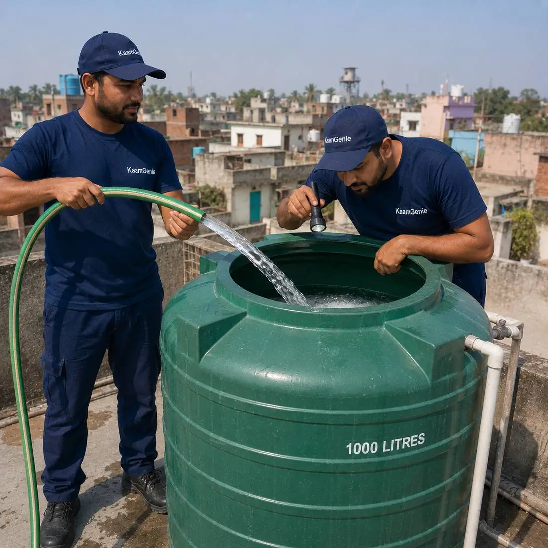 KaamGenie crew cleaning a water tank in Pooth Kalan, West Delhi