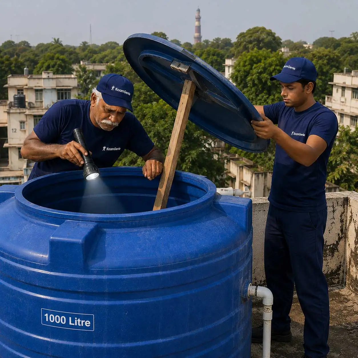 KaamGenie crew cleaning an overhead water tank on a Pragati Vihar rooftop in South Delhi